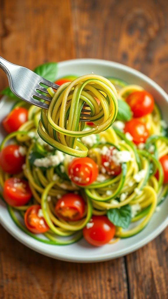 A colorful plate of zucchini noodles with cherry tomatoes and Parmesan cheese, garnished with basil.